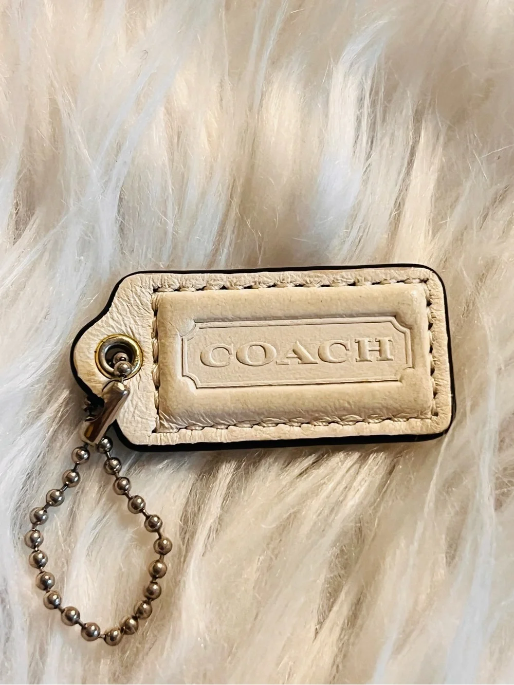 Coach Cream Leather Logo Tag Keychain
